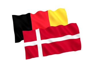 National fabric flags of Belgium and Denmark isolated on white background. 3d rendering illustration. 1 to 2 proportion.