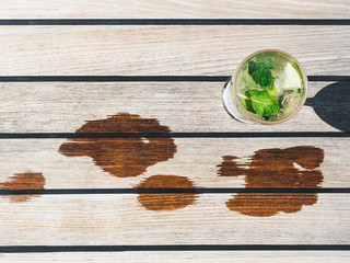 Beautiful glass with refreshing mojito, two footprints on the background of wooden boards. Top view, close-up. Concept of leisure and travel