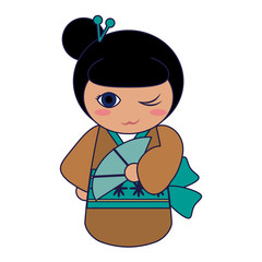 Cute japanese girl with kimono blue lines