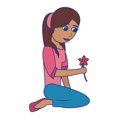 Woman seated holding flower blue lines