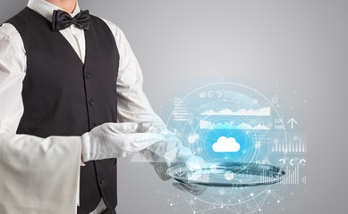 Elegant young waiter serving cloud technology concept
