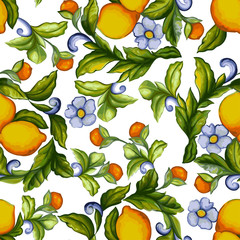 decorative seamless pattern of lemons and flowers on a white background
