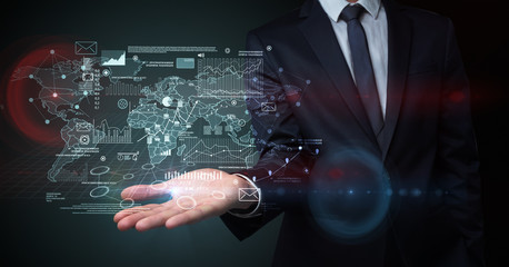 Communicational concept with businessman body and hand in background