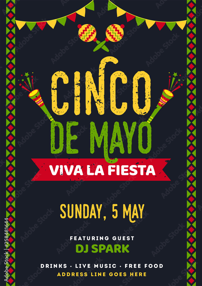 Wall mural retro black background template or card design with text and details customized for fiesta party wit
