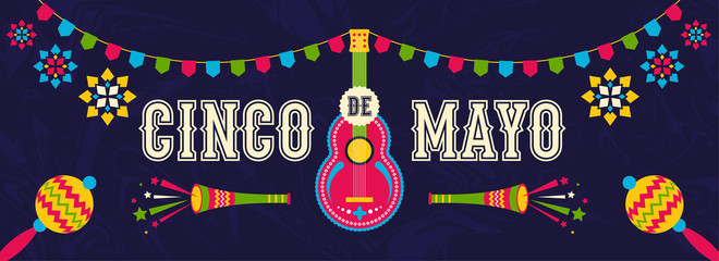Retro website header or banner design decorated with colorful bunting and party elements for Cinco De Mayo celebration.