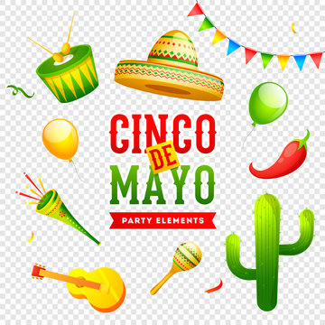 Cinco De Mayo Celebration Banner Or Poster Design On Png Background With Music Instrument, Sombrero Hat And Red Chilli. Mexican Fiesta Party.