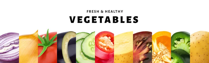 Crédence de cuisine en verre imprimé Légumes frais Collage de légumes isolé sur fond blanc avec copie espace, gros plan de légumes frais et sains