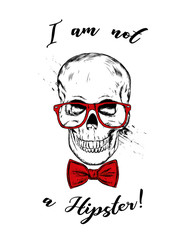 Skull with glasses and tie. Vector illustration for greeting card or poster. Fashion and style, clothing and accessories. Skeleton.