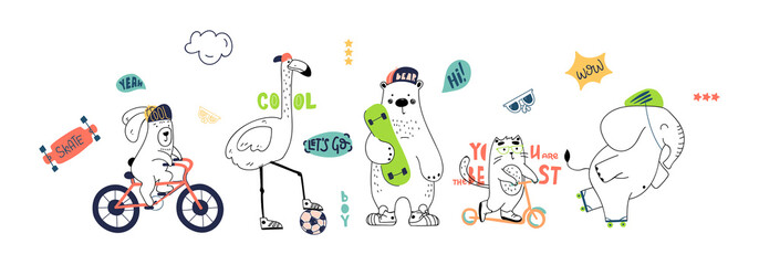 Cute animals hand drawing illustration vector. Rabbit, flamingo, bear, cat, elephant. Eps 10.