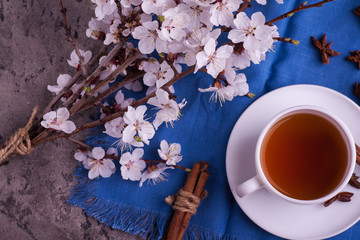 Obraz na płótnie Canvas Apricot flowers and coffee cup