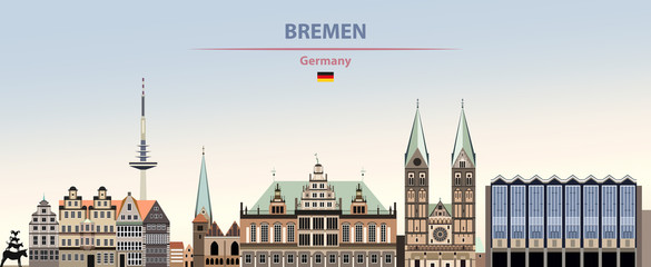 Bremen city skyline vector illustration on colorful gradient beautiful day sky background with flag of Germany - obrazy, fototapety, plakaty