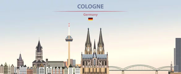 Vektor-Illustration der Skyline der Stadt Köln auf buntem Farbverlauf schöner Tag Himmelshintergrund mit Flagge von Deutschland © brichuas