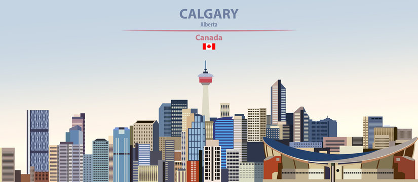 Vector illustration of Calgary city skyline on colorful gradient beautiful day sky background with flag of Canada