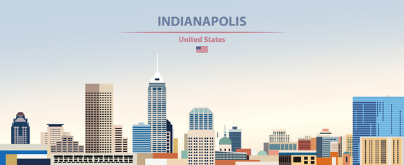 Naklejka premium Indianapolis city skyline vector illustration on colorful gradient beautiful day sky background with flag of United States