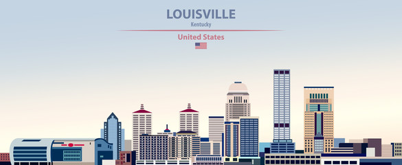 Obraz premium Louisville city skyline vector illustration on colorful gradient beautiful day sky background with flag of United States