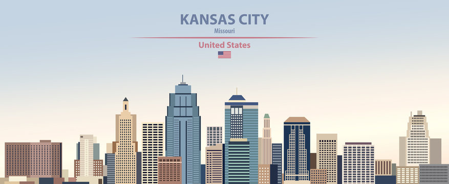 Kansas City Skyline Vector Illustration On Colorful Gradient Beautiful Day Sky Background With Flag Of United States