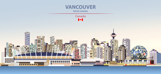 Obraz premium Ilustracja wektorowa panoramę miasta Vancouver na tle kolorowe gradientu pięknego dnia nieba z flagą Kanady