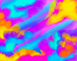Fototapeta na wymiar Colorful watercolor background of diagonal brush strokes from dark blue through pink to yellow shades. Abstract hand-drawn gradient painting.