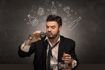 Drunk down and out man with doodle alcohol bottles concept
