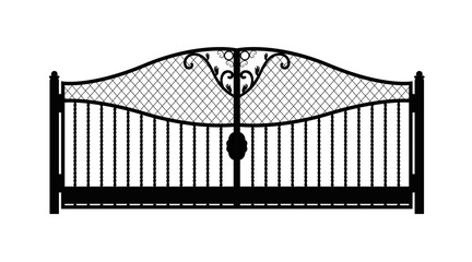 Black metal gate with forged ornaments on a white background