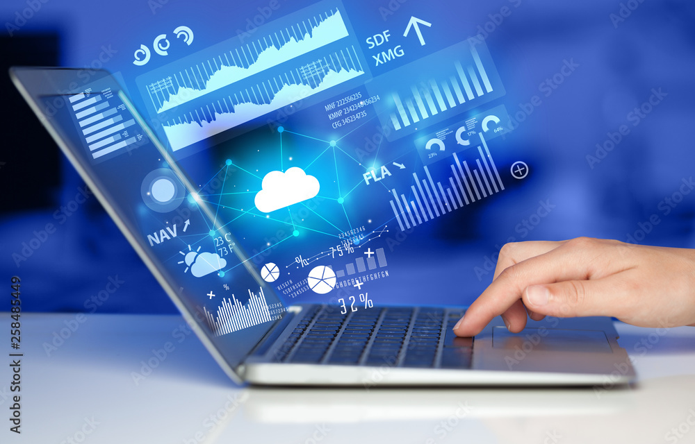 Poster hand using laptop with cloud technology and linked information concept