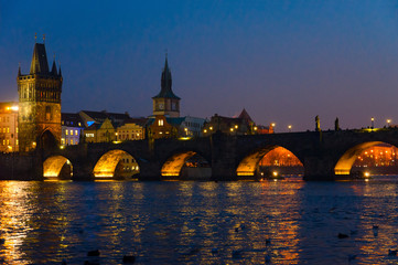 Beautiful evening view of Vltava River and famous Charles Bridge, Prague, Czech Republic