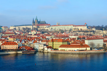 Beautiful view of embankment of Vltava river, Kampa island, Prague Castle, Czech Republic