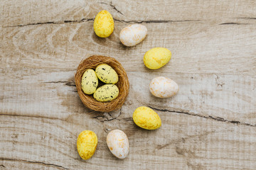 Happy Easter. Congratulatory easter background. Easter eggs and flowers