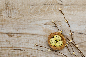 Happy Easter. Congratulatory easter background. Easter eggs and flowers