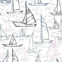 Seamless cute design with boats sailing in the wavy sea.