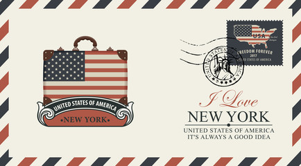 Vector postcard or envelope with suitcase in colors of the national american flag and inscriptions. Postcard with postmark in form of Liberty Head and postage stamp with flag and map of USA.