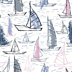 Seamless cute design with boats sailing in the wavy sea.