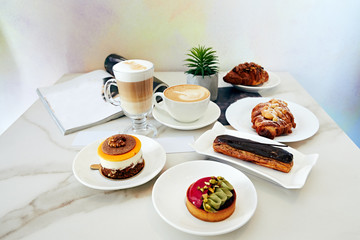 Coffee, Pastry dessert top view. Delicious cake