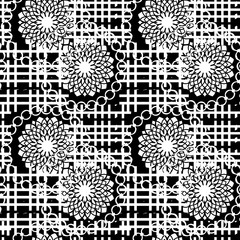 Seamless pattern patchwork design. Black and white print with golden chains, mandalas and tartan lines. Watercolor effect. Suitable for bed linen, leggings, shorts and fashion industry.