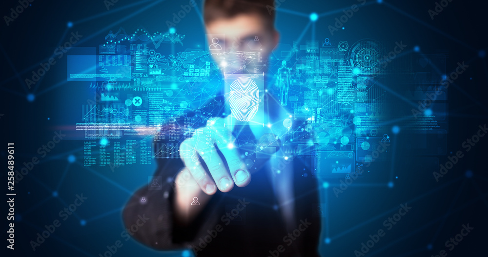 Aufkleber Man accessing modern hologram personal database with fingerprint identification
