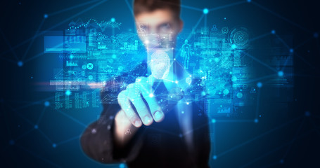 Man accessing modern hologram personal database with fingerprint identification