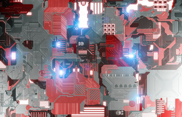 Futuristic red and steel tech panel background with lots of details