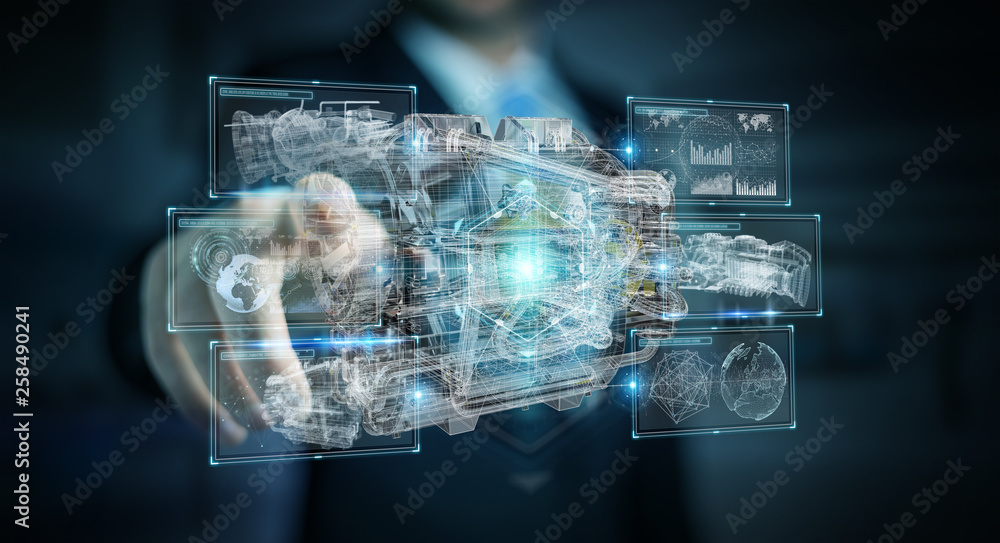 Wall mural businessman using wireframe holographic 3d digital projection of an engine