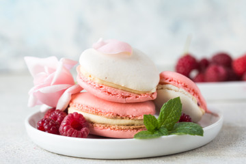 A beautiful heart made of macaroons and raspberry. Valentines day consept. flat lay, top view. 