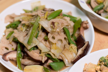 Stir fry vegitable / Vegan meal - Lotus roots/beans/Shiitake mushrooms - Japanese food and culture