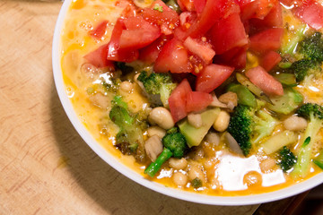 Stir tomatoes/soy beans/broccoli and eggs - preparing dinner / Cooking time