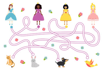 Maze game for children. Help the princesses find their pets: dog, cat, bird and rabbit.