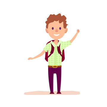 Curly cheerful boy with burgundy brief-bag waving by hand vector illustration. Smiling pupil dressed in green shirt and purple trousers.
