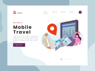 Vector Illustration idea concept for landing page template, people travel around the world, man and woman bring hat preparing with map and enjoy mobile travel. Flat gradient style.