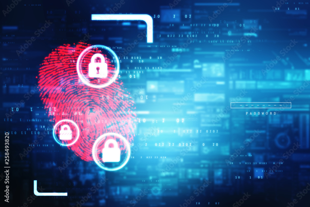 Poster scan fingerprint and approval. concept of the future of security and password control through finger