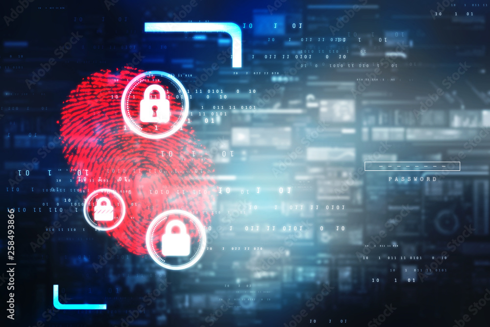 Poster scan fingerprint and approval. concept of the future of security and password control through finger