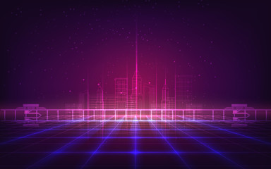 Abstract background with purple neon grids city silhouette in vintage style.Can be used for workflow layout, diagram, web design, banner template. Vector illustration