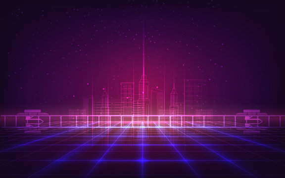 Abstract background with purple neon grids city silhouette in vintage style.Can be used for workflow layout, diagram, web design, banner template. Vector illustration