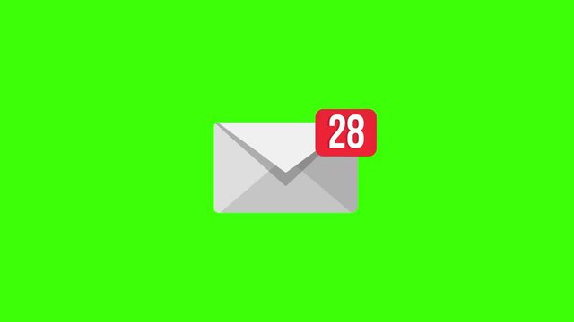 Animation of Email envelope with auto counting number. Green screen, 4K
