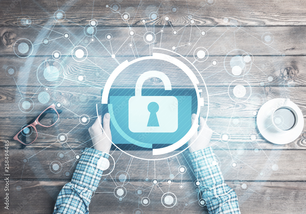 Poster concept of computer access with media lock icon on tablet screen